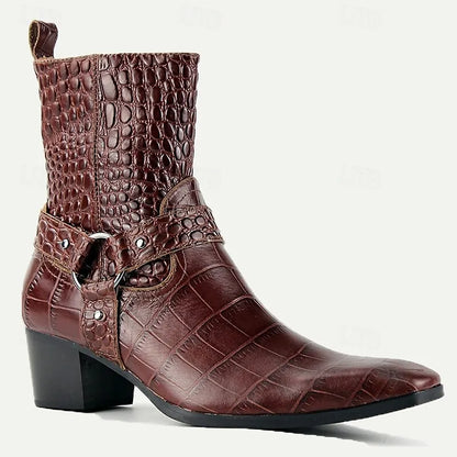 Men's Handmade Goodyear Welted Crocodile Embossed Leather Motorcycle Boots with Buckle Detail and Mid Heel - Vintage Style