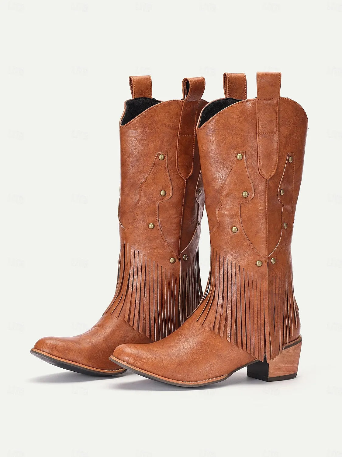 Women's Brown Faux Leather Western Cowboy Boots with Fringe Detail