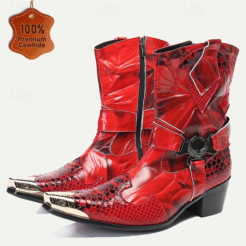 Men's Red Premium Cowhide Motorcycle Boots with Snake Pattern, Metal Toe Cap, and Western Style - Perfect for Riding and Outdoor Adventures