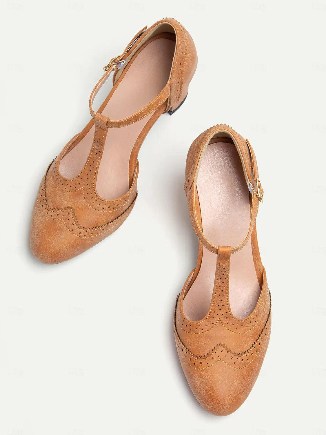 Women's Vintage Tan T-Strap Mary Jane Pumps with Brogue Detailing and Block Heel - Retro Dress Shoes for All Occasions