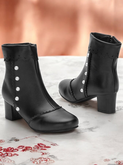 Women's Vintage Black Ankle Boots with Pearl Button Details