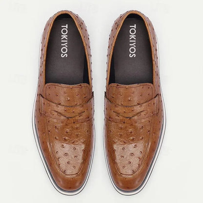 Men's Ostrich Leather Loafers - Luxurious Slip-On Dress Shoes with Textured Finish - Tokiyos