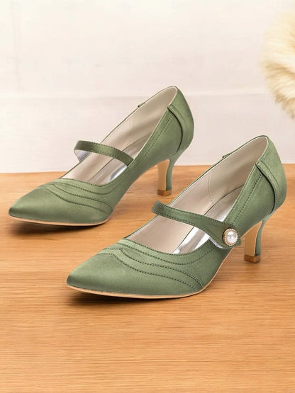 Green Mary Jane Satin Heels with Pearl Button - Elegant Women's Dress Shoes for Formal Events and Office Wear