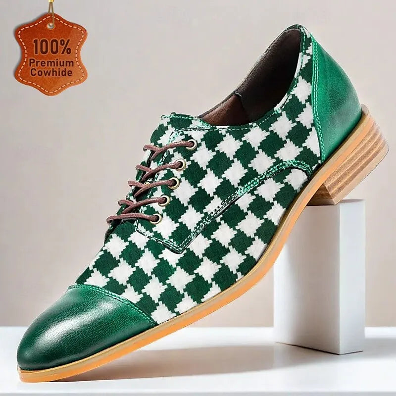 Men's Green and White Checkered Premium Cowhide Oxford Shoes with Leather Accents - Stylish & Comfortable