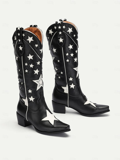 Women's Black Star-Patterned Western Cowboy Boots with White Contrast Embellishments – Stylish Faux Leather Boots for Rodeo, Country, and Casual Wear