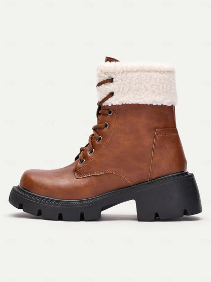 Women's Brown Winter Ankle Boots with Faux Fur Lining-Warm Lace-Up Combat Boots for Casual Outdoor Wear