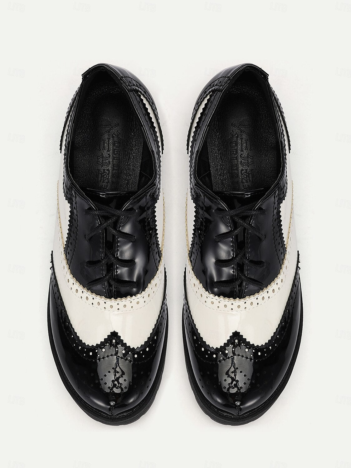 Women's Black and White Brogue Oxford Shoes – Patent Faux Leather Lace-Up, Chunky Sole, Vintage Style for Formal and Casual Wear