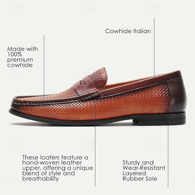 Men's Woven Leather Loafers in Rich Brown - Tokiyos