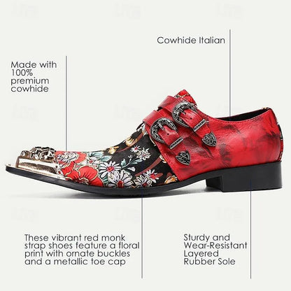 Men's Red Floral Embroidered Monk Strap Shoes Gold Lion Head Buckles - Tokiyos