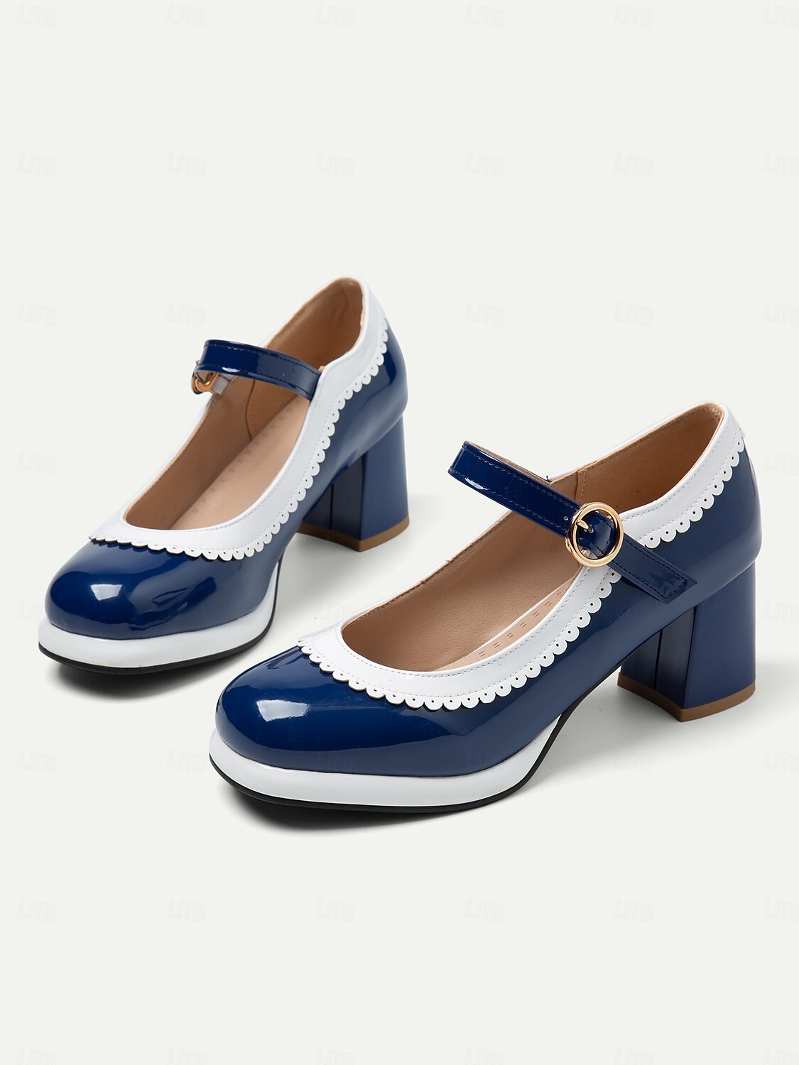 Women's Retro Blue and White Mary Jane Block Heels with Scalloped Trim – Vintage-Style Shoes for Cosplay, Parties, and Formal Occasions