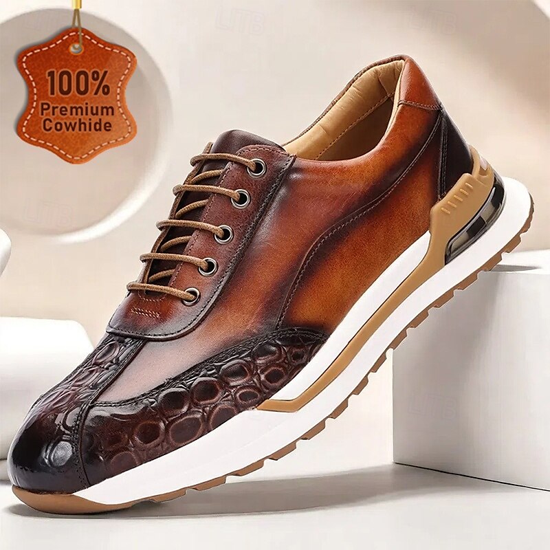 Men's Premium Cowhide Leather Sneakers with Crocodile Texture and Lace-Up Design