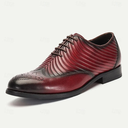 Men's Premium Cowhide Burgundy Oxford Shoes with Ribbed Design and Perforated Detailing