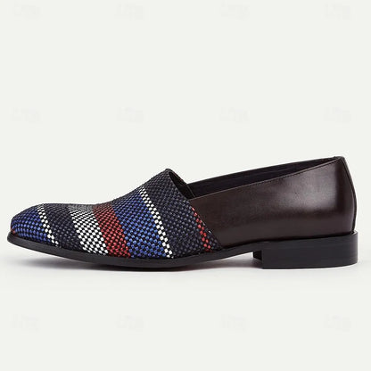 Men's Woven Patterned Loafers - Stylish Casual Slip-On Shoes with Red, Blue, and White Design