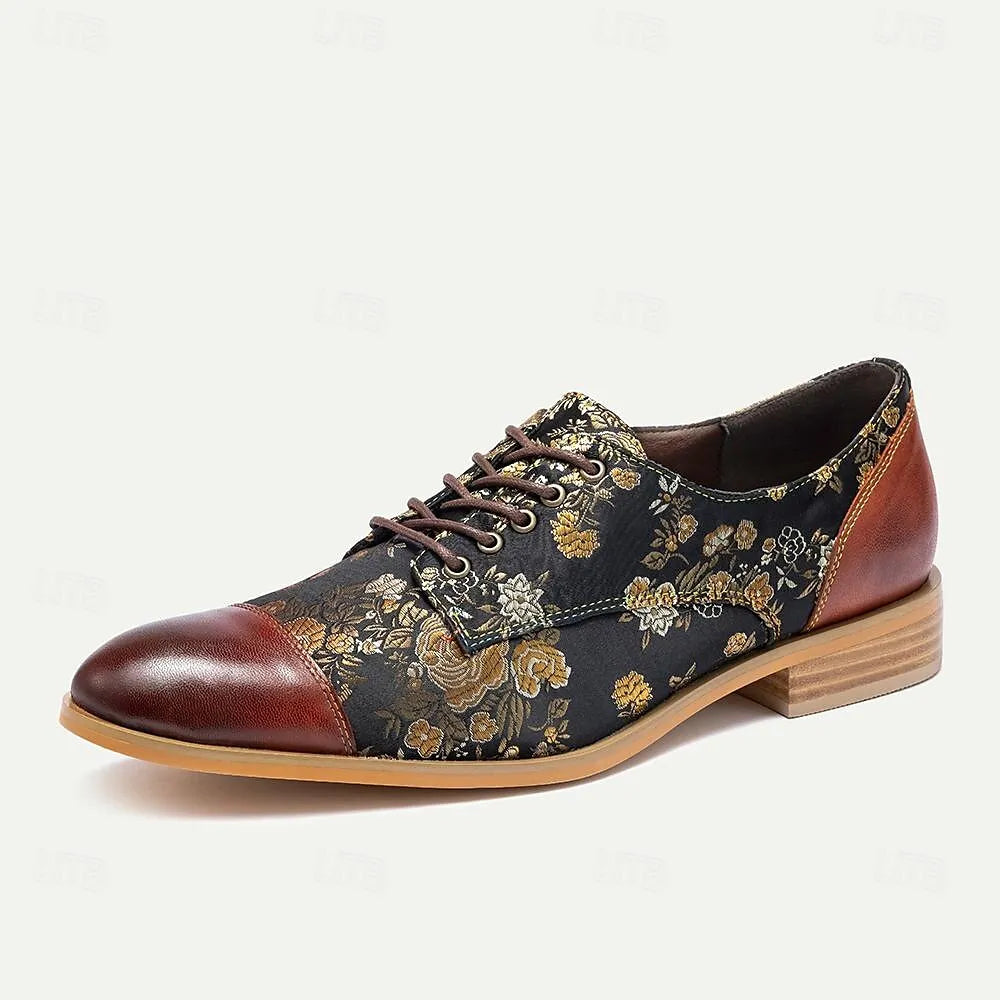 Men's Premium Cowhide Floral Pattern Dress Shoes with Brown Accents