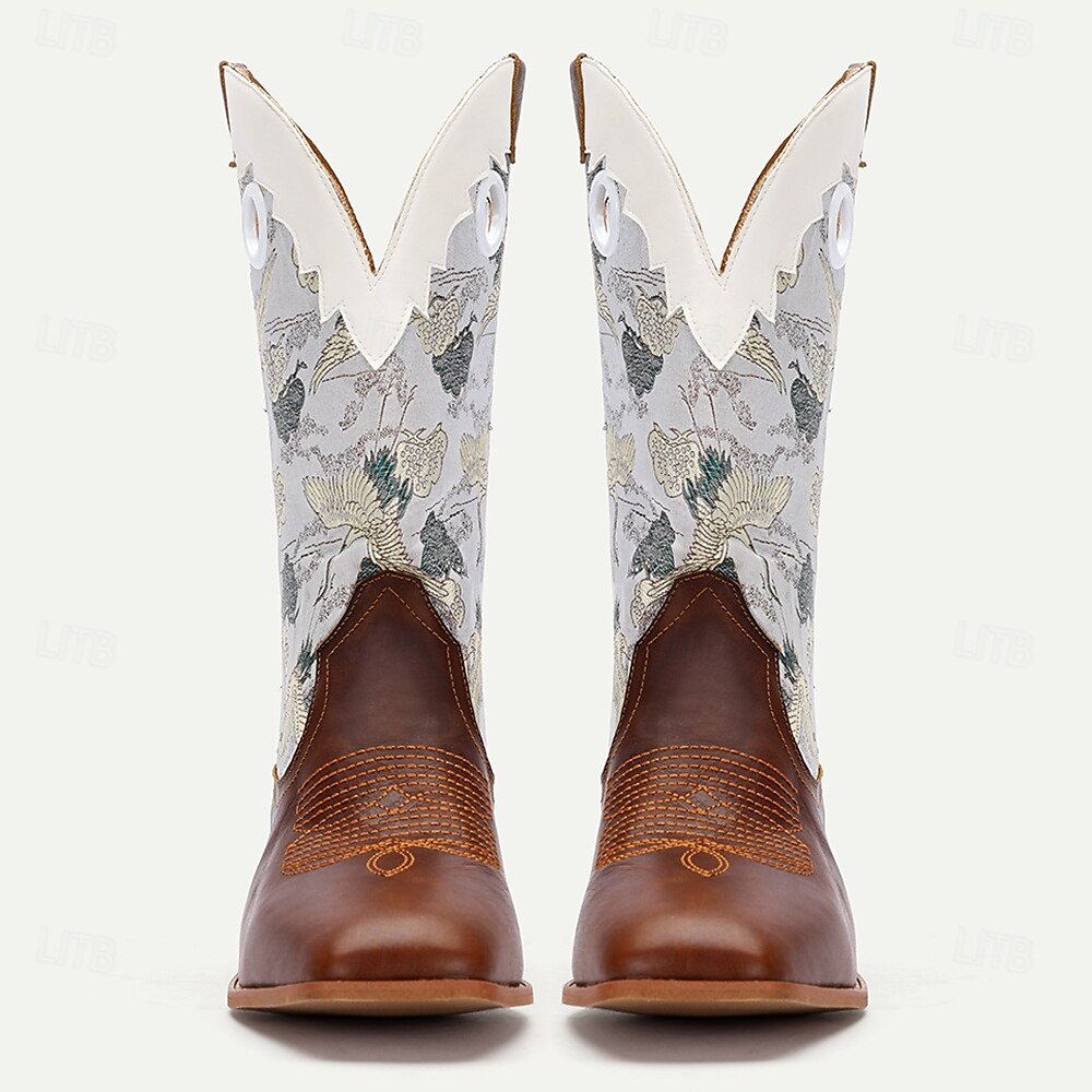 Men's Premium Cowhide Western Cowboy Boots with Embroidered Crane Pattern-Vintage Style Boots for Ranch and Outdoor Wear