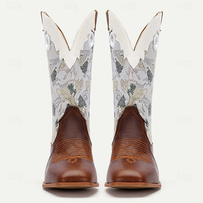 Men's Premium Cowhide Western Cowboy Boots with Embroidered Crane Pattern-Vintage Style Boots for Ranch and Outdoor Wear