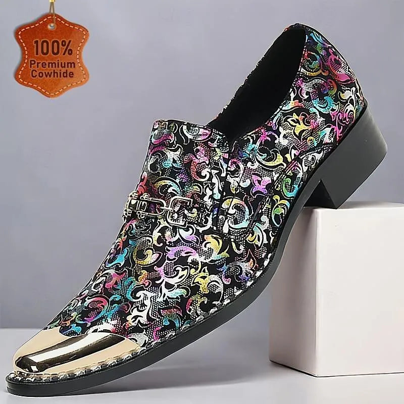 Men's Multicolor Pattern Loafers - Stylish Slip-On Dress Shoes with Metallic Toe Cap - Tokiyos