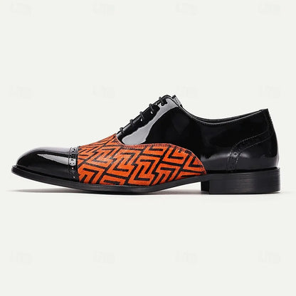 Men's Black Patent Leather Dress Shoes with Geometric Pattern - Stylish Oxford Shoes for Formal Events