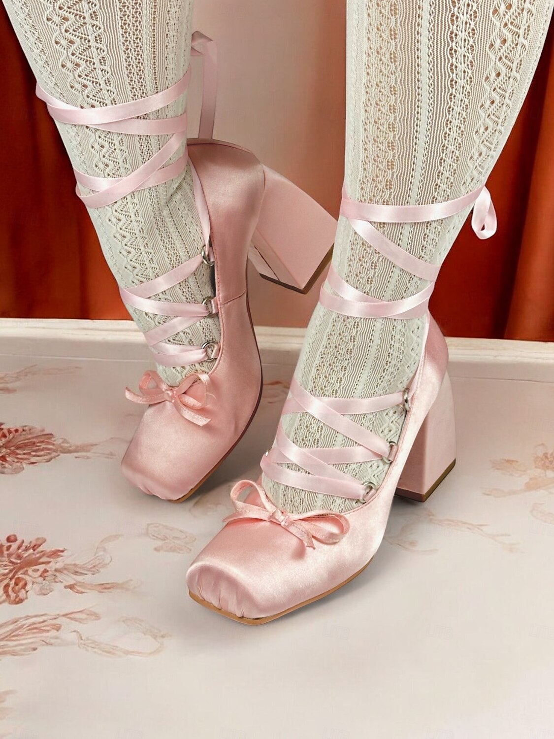 Women's Pink Satin Lace-Up Block Heels with Ribbon Ties-Ballet-Inspired Pumps for Special Occasions and Elegant Outfits