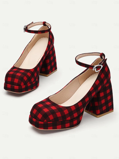 Women's Red Plaid Block Heel Mary Jane Shoes with Ankle Strap, Vintage Style