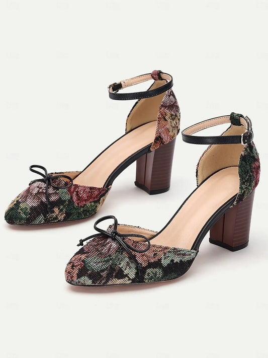 Women's Floral Jacquard Ankle Strap Heels with Block Heel and Bow Detail