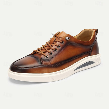 Men's Premium Cowhide Leather Casual Sneakers Vintage Brown Gradient Lace-Up