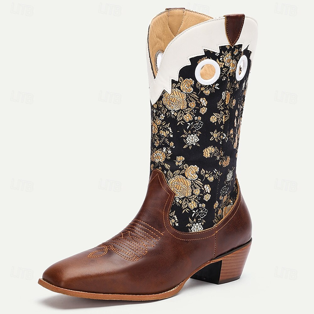 Men's Premium Cowhide and Jacquard Fabric Western Cowboy Boots with Gold Floral Embroidery-Vintage Style Boots for Ranch and Outdoor Wear