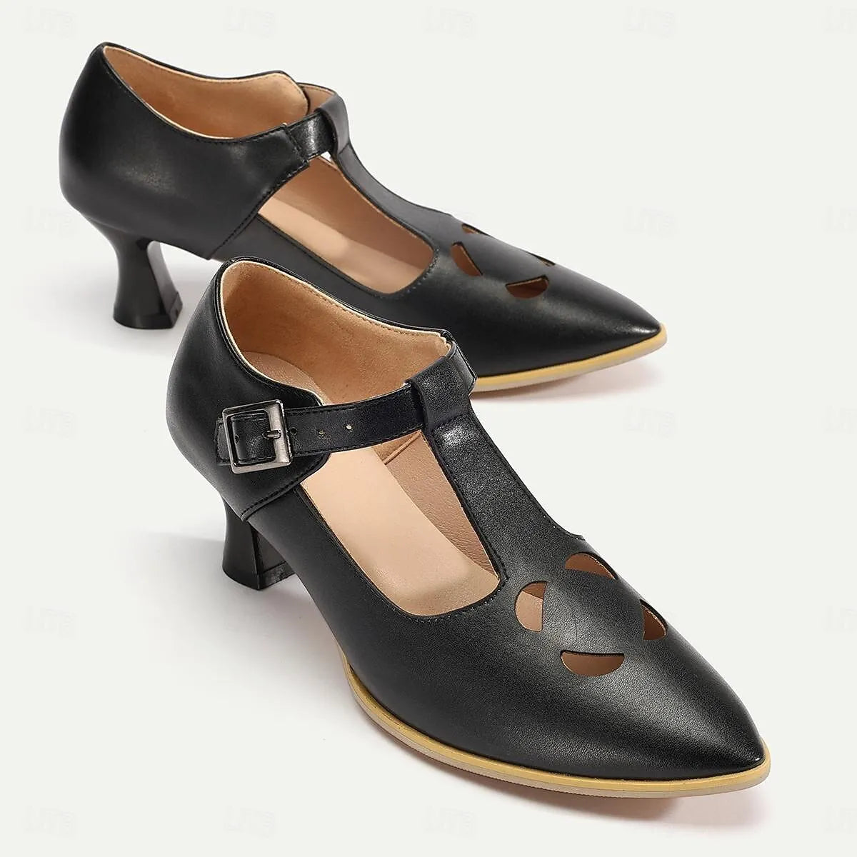 Black Leather T-Strap Heels for Women - Cutout Design with Buckle Closure - Tokiyos