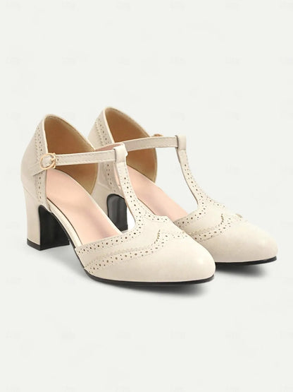 Women's Vintage Tan T-Strap Mary Jane Pumps with Brogue Detailing and Block Heel - Retro Dress Shoes for All Occasions