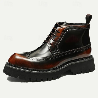 Men's Chunky Sole Brogue Boots - 100% Premium Cowhide Leather with Lace-Up Design - Tokiyos