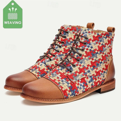 Men's Premium Woven Fabric and Leather Lace-Up Boots with Red and Blue Checkered Pattern and Leather Toe Cap