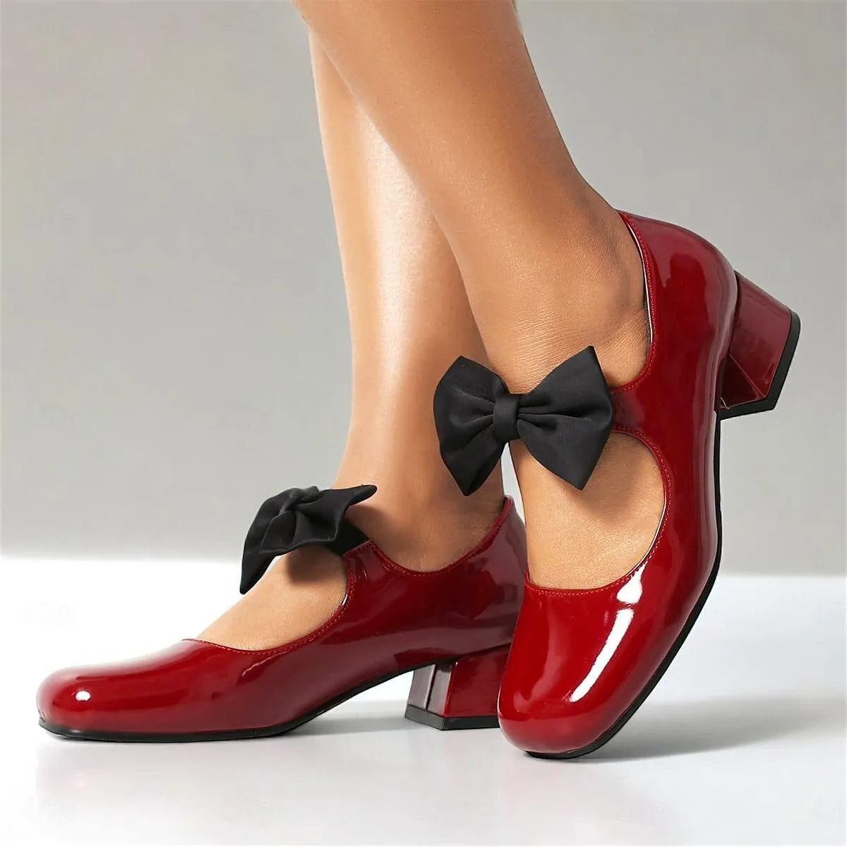 Red Patent Leather Mary Jane Heels with Black Bow for Women - Tokiyos