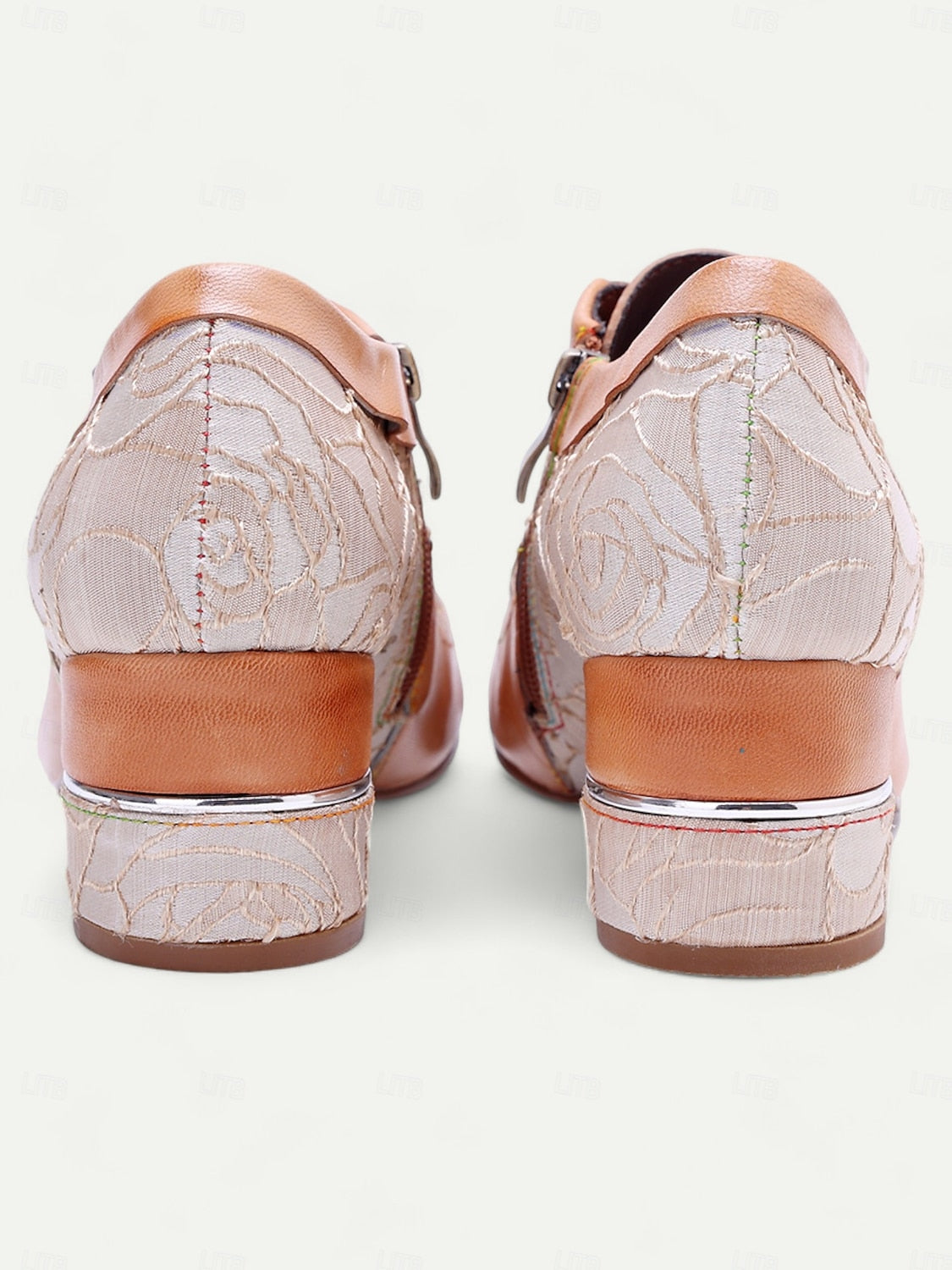 Women's Vintage Tan Oxford Shoes with Premium Leather, Brogue Detailing, Floral Embroidery, and Low Block Heel