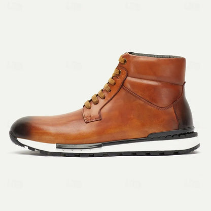 Men's Brown Leather Lace-Up Ankle Boots with Padded Collar for Casual and Outdoor Wear