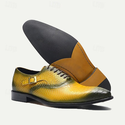 Men's Yellow Gradient Snake Pattern Leather Oxford Shoes with Buckle Detail