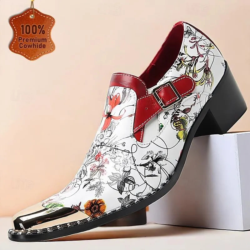 Men's Floral Print Loafers - Fashionable Slip-On Dress Shoes with Red Accents and Metallic Toe Cap - Tokiyos