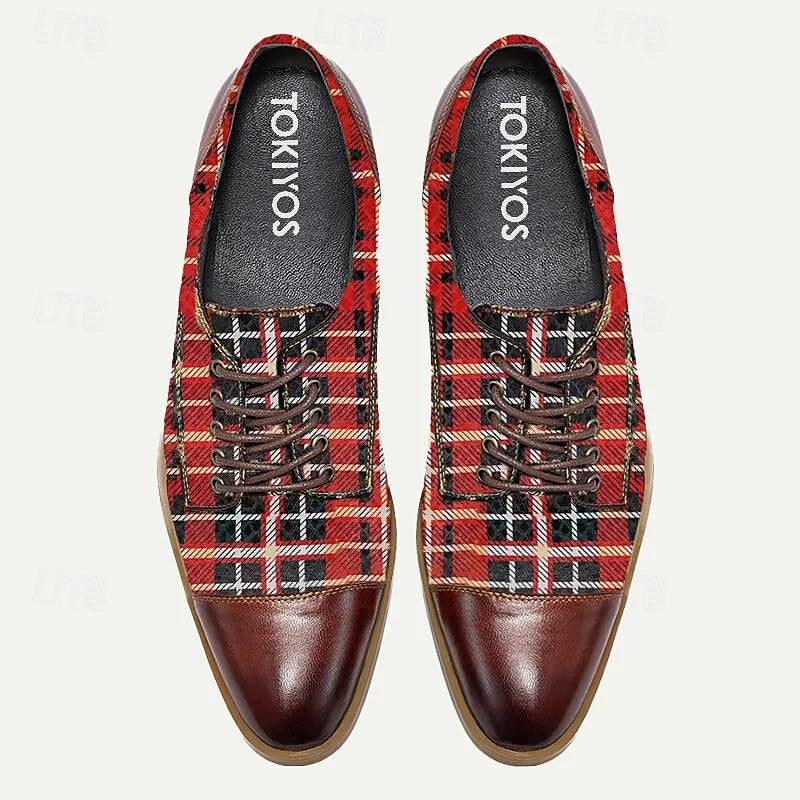 Men's Premium Cowhide Red Plaid Dress Shoes with Brown Accents