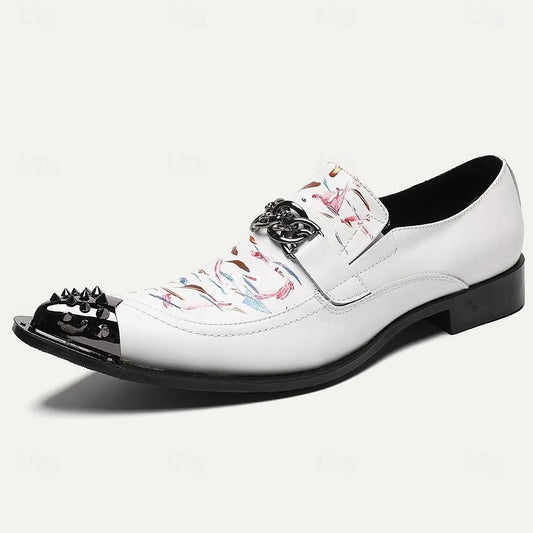 Men's White Leather Loafers with Colorful Print and Spiked Details - Tokiyos