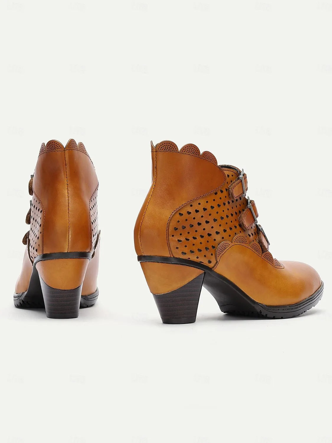 Vintage-Style Light Brown Buckle Strap Ankle Boots with Perforated Design for Women