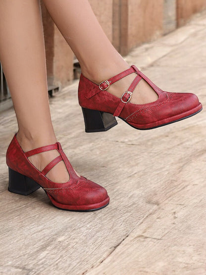 Women's Vintage Red Mary Jane Heels – Double Buckle Strap, Retro Block Heel, Perfect for Formal and Casual Occasions