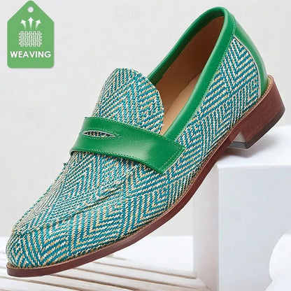 Men's Green Woven Loafers - Breathable Patterned Slip-On Casual Shoes