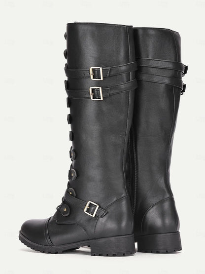 Women's Black Faux Leather Knee-High Combat Boots