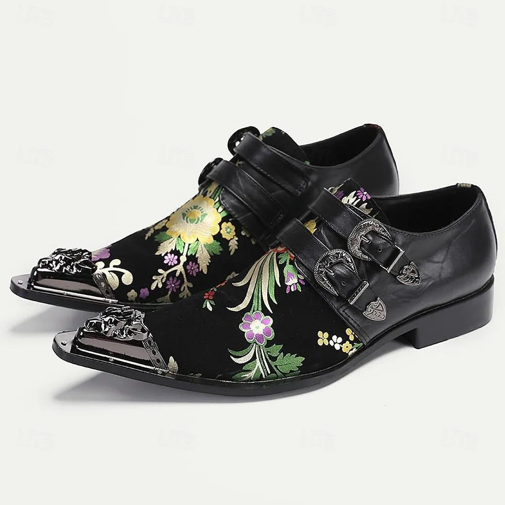 Men's Black Leather Dress Shoes with Floral Embroidery and Metal Buckles - Elegant Formal Footwear - Tokiyos