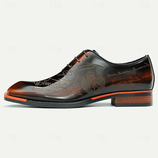 Men's Glossy Black Leather Oxford Shoes with Engraved Detail - Tokiyos