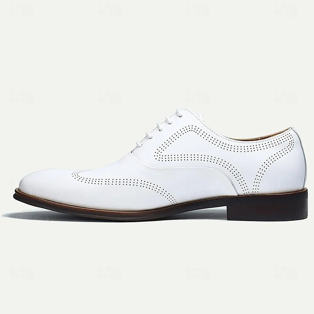 Men's White Leather Oxford Shoes with Perforation - Tokiyos