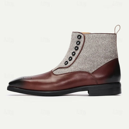 Men's Herringbone Tweed and Premium Cowhide Button-Up Brogue Ankle Boots