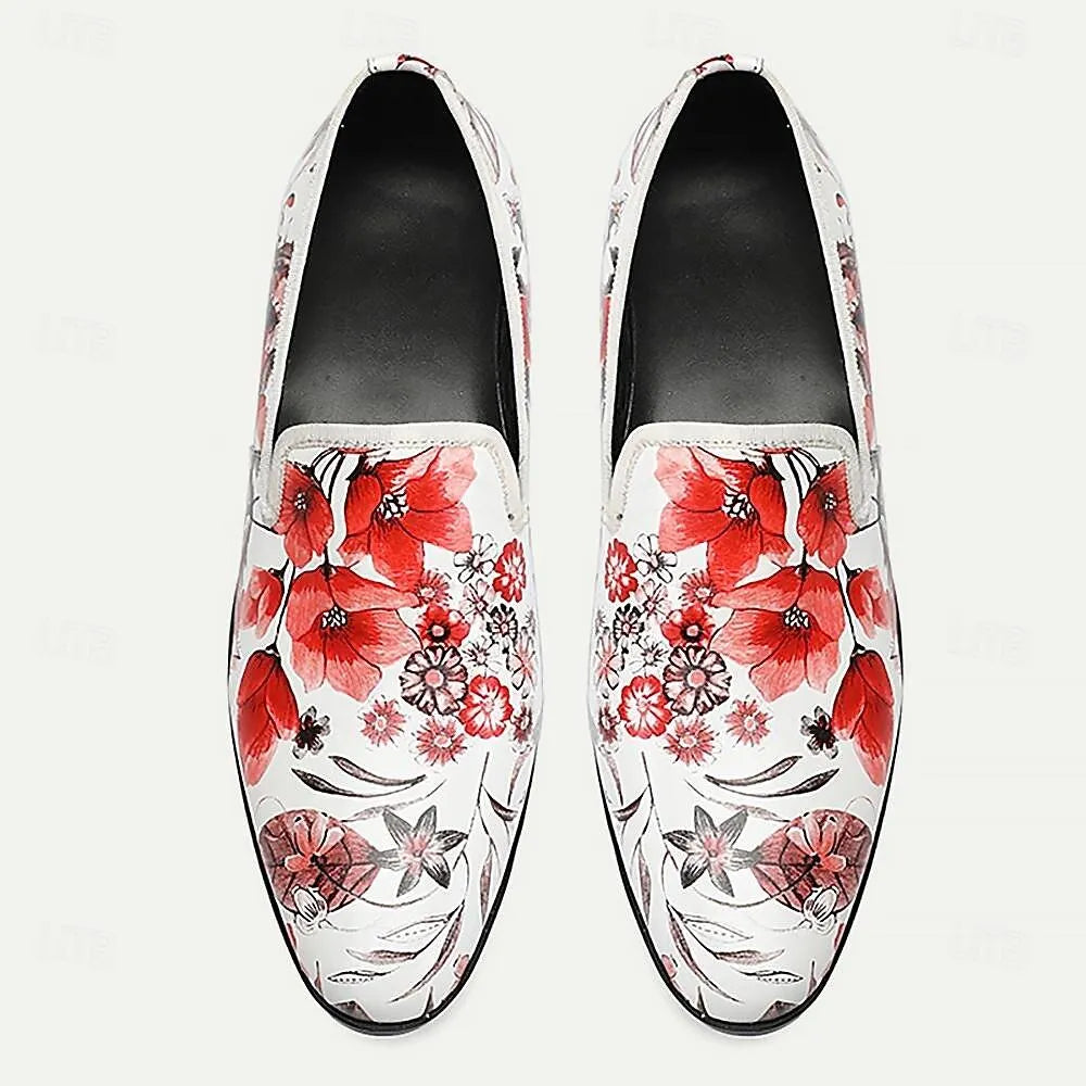 Men's Floral Print Slip-On Dress Shoes in Red and White - Tokiyos