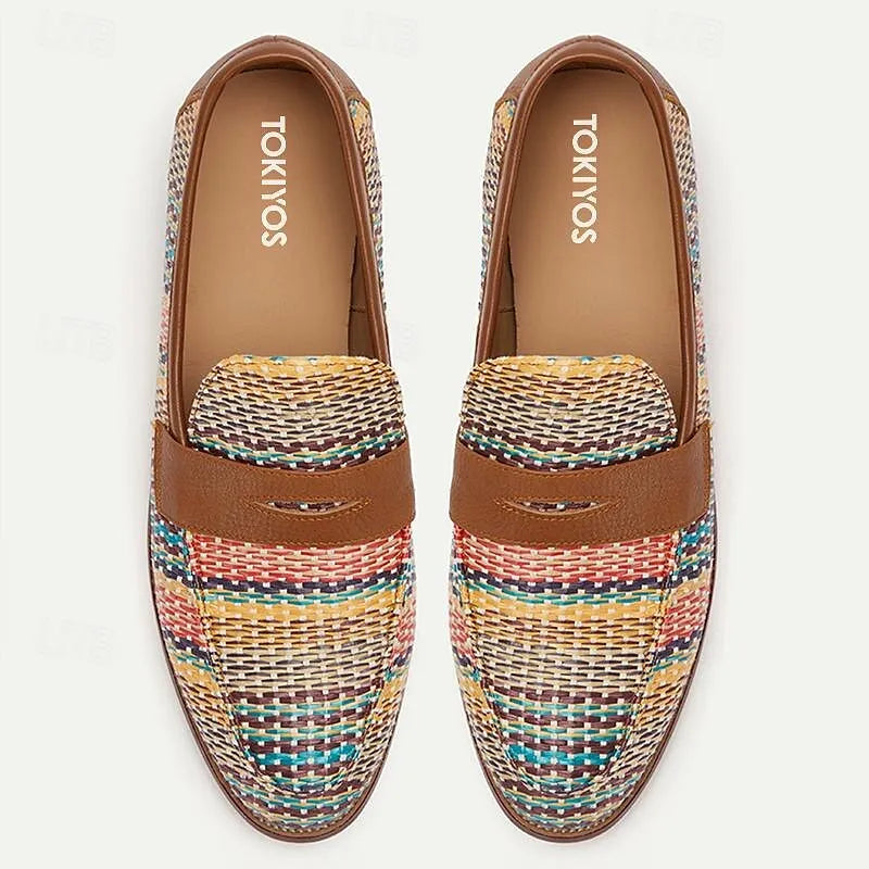 Men's Multicolor Woven Loafers - Breathable Brown Slip-On Casual Shoes