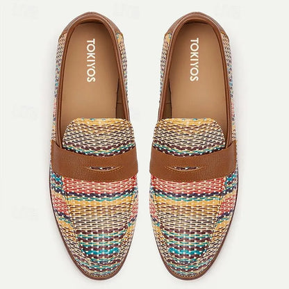 Men's Multicolor Woven Loafers - Breathable Brown Slip-On Casual Shoes