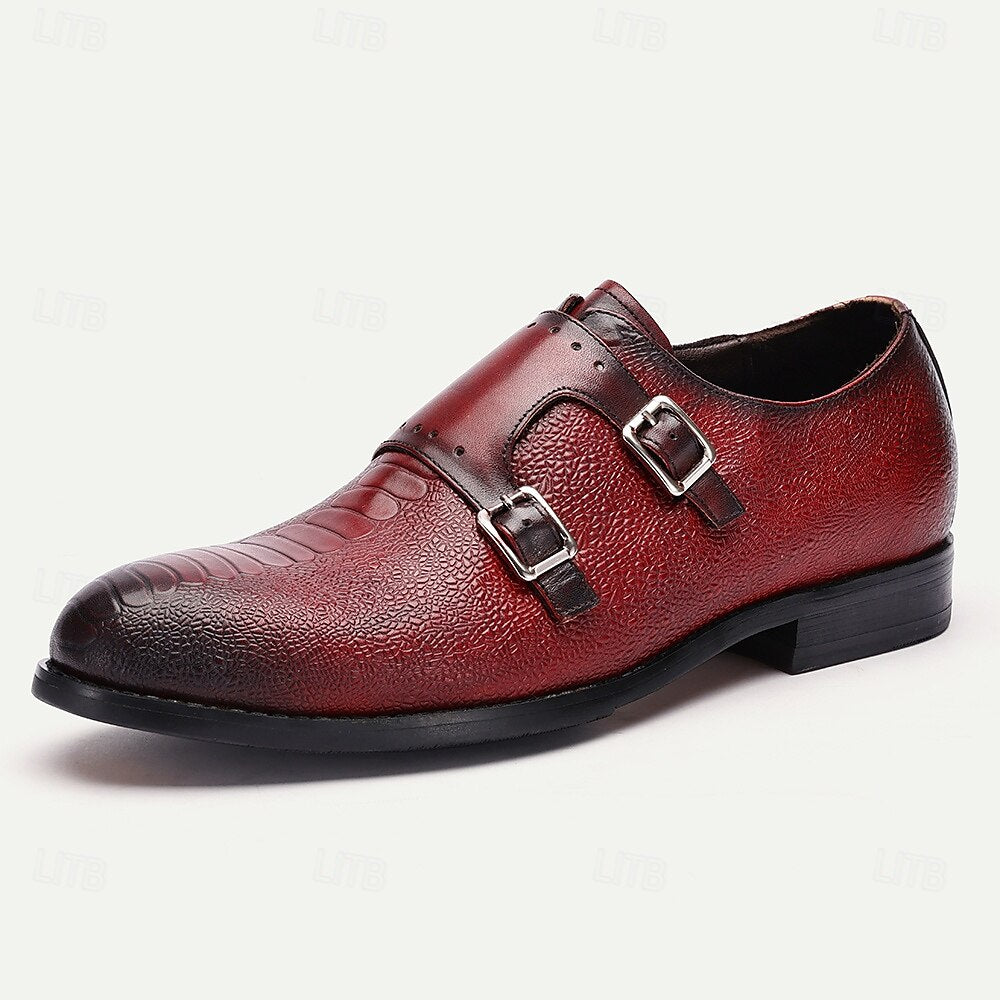 Men's Double Monk Strap Red Leather Oxford Shoes ¨C Premium Cowhide, Textured Design, Formal Dress Shoes for Business and Special Occasions